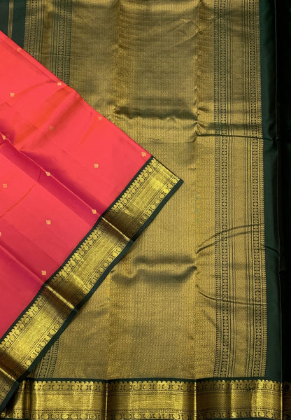Pure Silk Saree – Pinkish Orange with Green Border