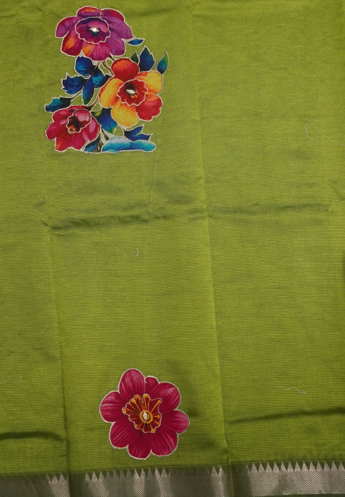 Pure Mangalgiri Silk Saree-Light Green in Tanjore Print with Aplique Work