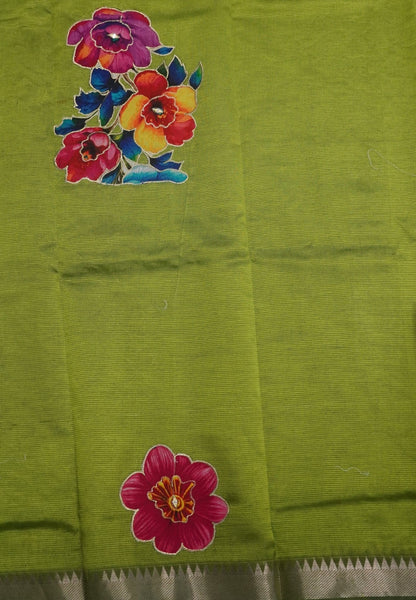 Pure Mangalgiri Silk Saree-Light Green in Tanjore Print with Aplique Work