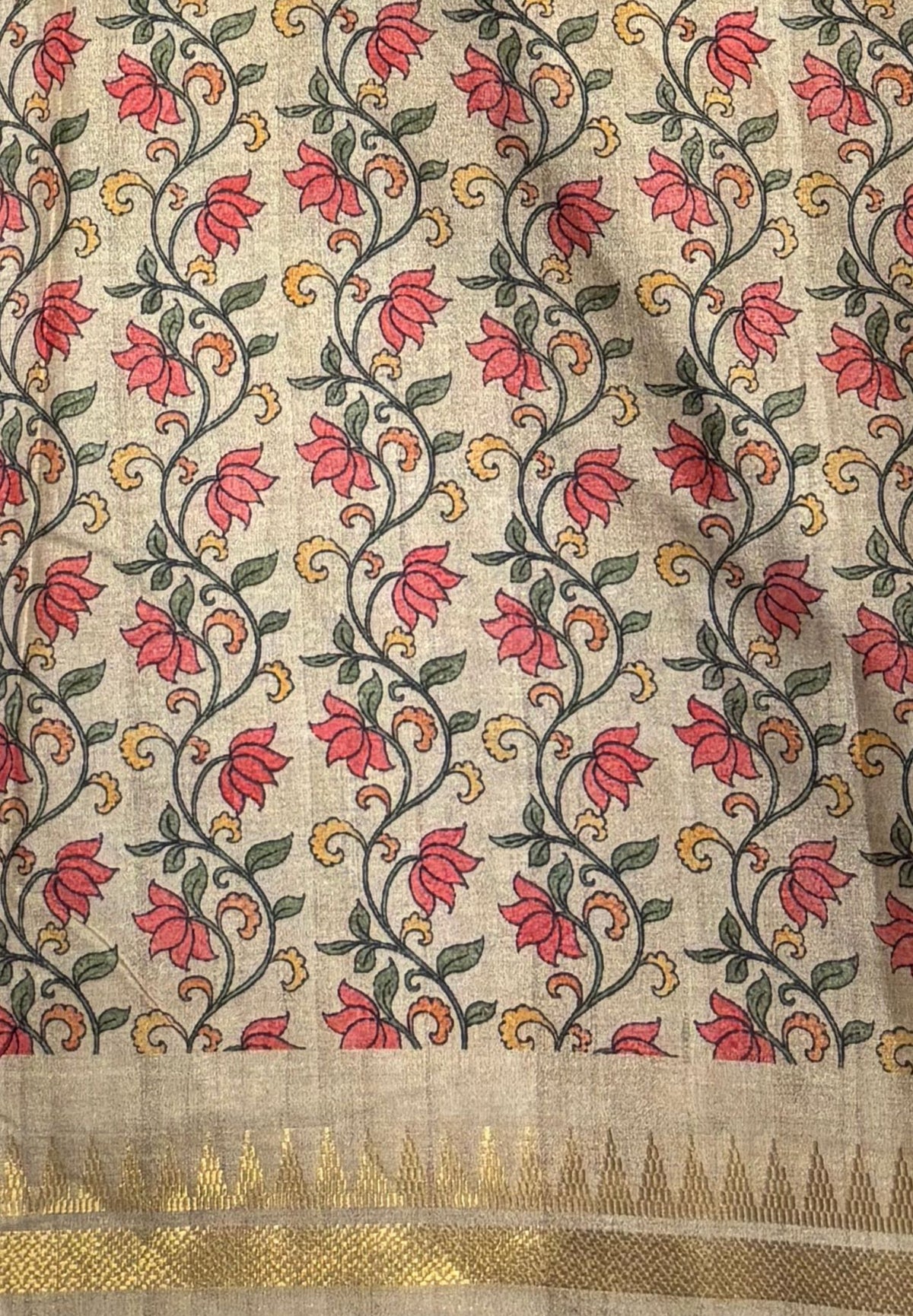 Semi Tussar Saree-Red in Madras Checks with Peacock Floral Border