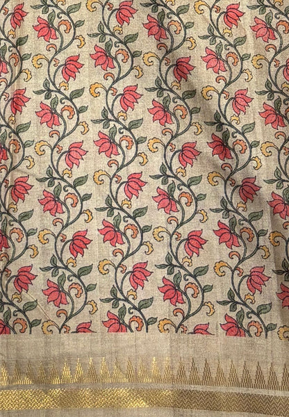 Semi Tussar Saree-Red in Madras Checks with Peacock Floral Border