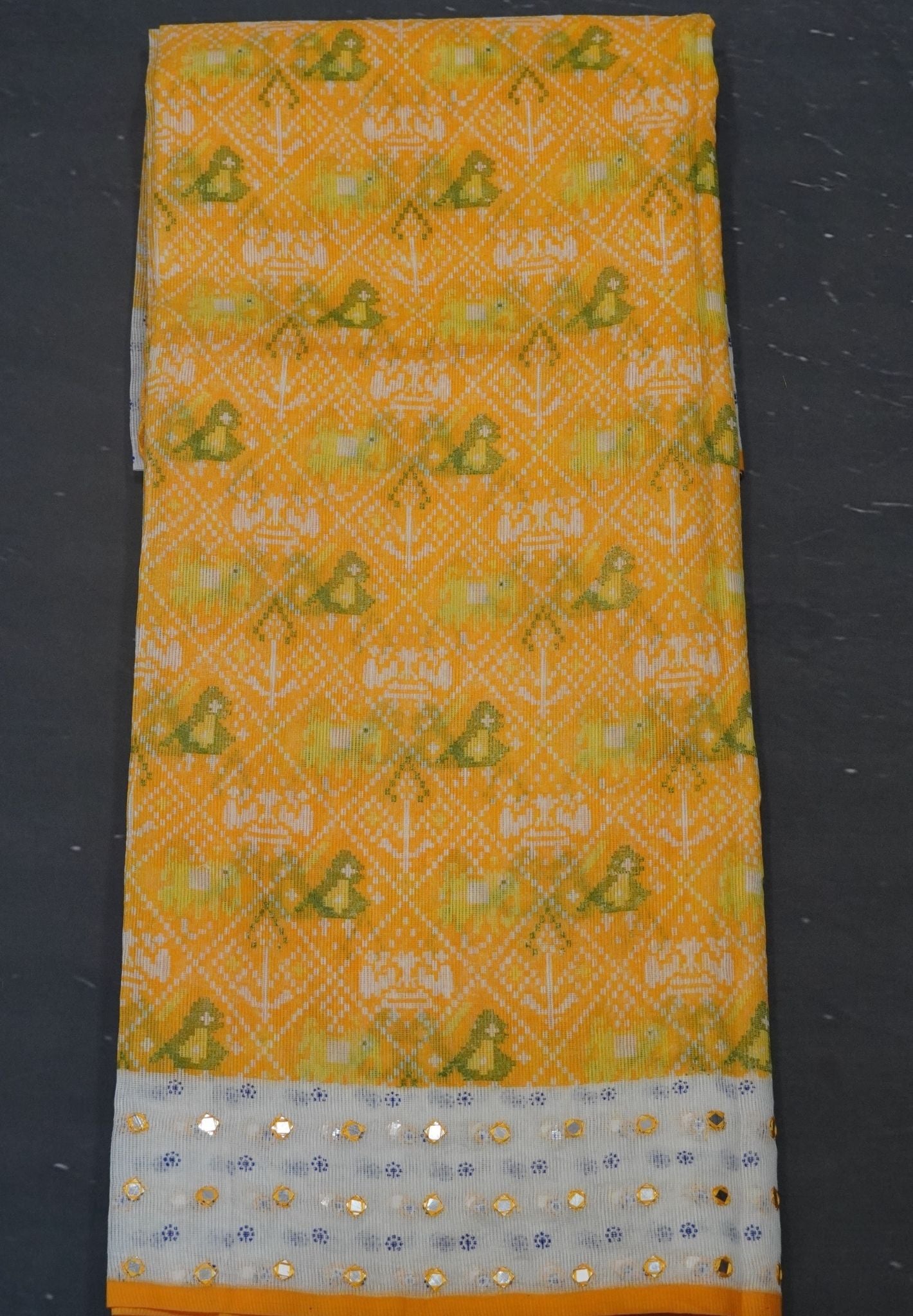 Supernet Kota Cotton Saree-Yellow with Mirror Work