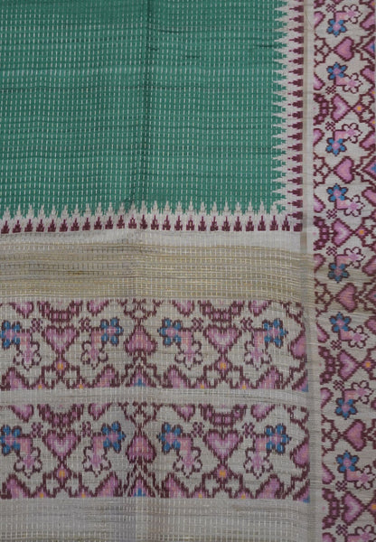Semi Tussar Saree -Green with Ikkat Border