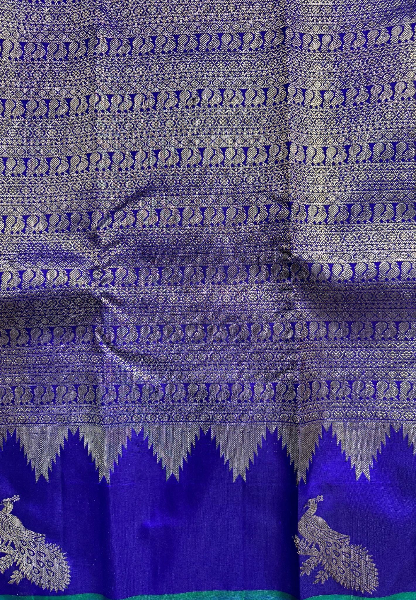 Pure Kanchipuram Silk Saree – Ink Blue with Silver Zari Peacock Motifs