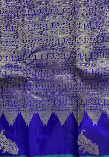 Pure Kanchipuram Silk Saree – Ink Blue with Silver Zari Peacock Motifs