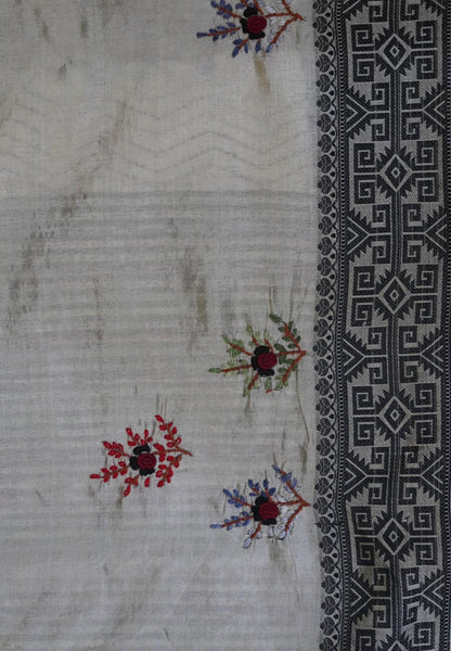 Tussar saree-Off white with floral Embroidery.