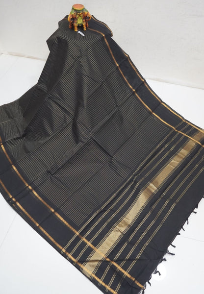 Chettinadu Cotton Saree-Black in Zari Lines with Retapet Border