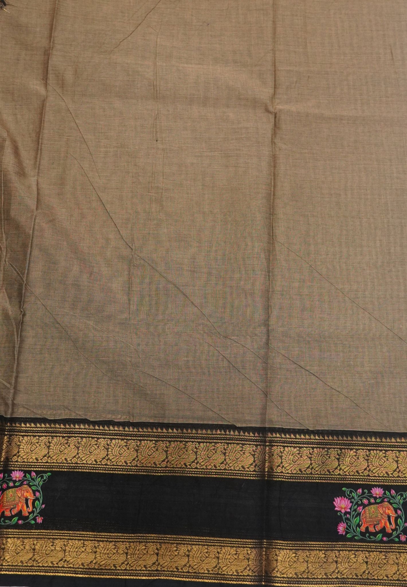 Chettinad Cotton Saree- Beige with Elephant Tanjore Print