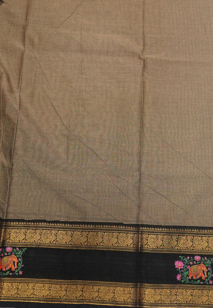 Chettinad Cotton Saree- Beige with Elephant Tanjore Print
