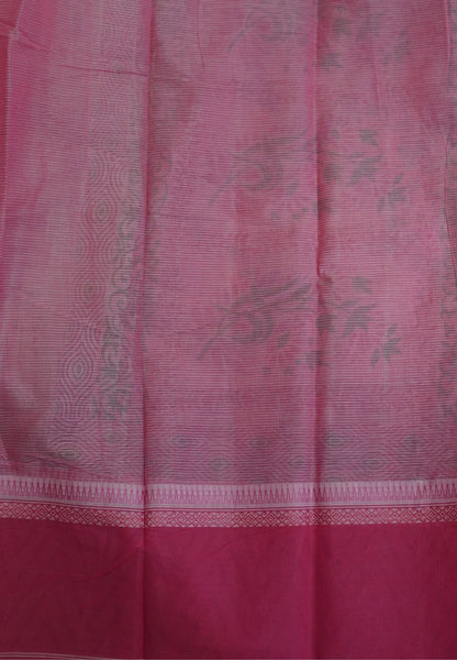 Pure Cotton Saree-Cream with Pink in Floral Vine Pattern