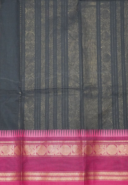 Chettinad Cotton Saree–Black-Pink with Heritage Zari Border