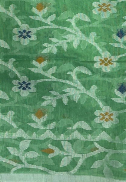 Dhakai Jamdhani Cotton Saree-Teal Green In Floral Vine Zari Border