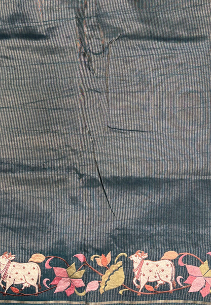 Tussar Saree-Peacock Green with Zari Stripes in Pichwai Embroidery Border