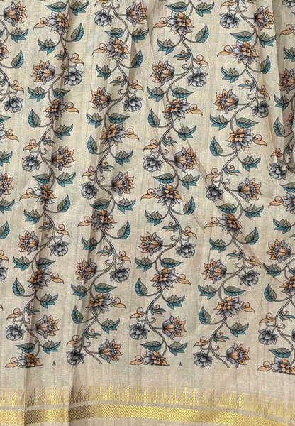 Semi Tussar Saree-Blue. in Mini Checks Floral Border