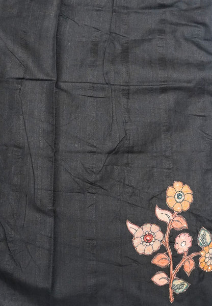 Semi Raw Silk Saree - Black With Floral Hand-Painted Designs