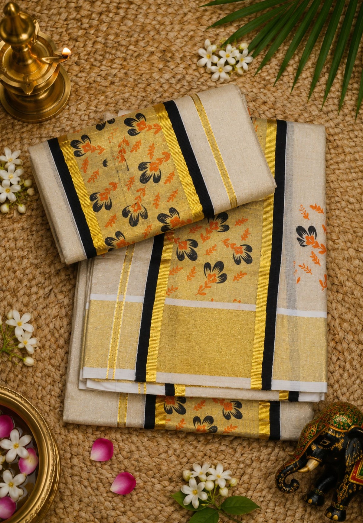 Tissue Set Mundu-Sandal - Black with Rich Kasavu Border