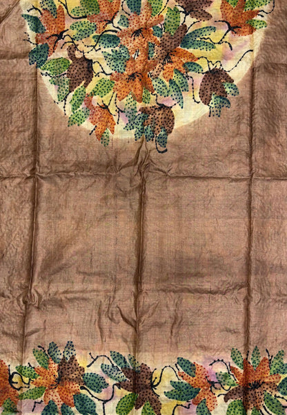 Pure Tussar Saree-Brown In Stripe French Knot Border