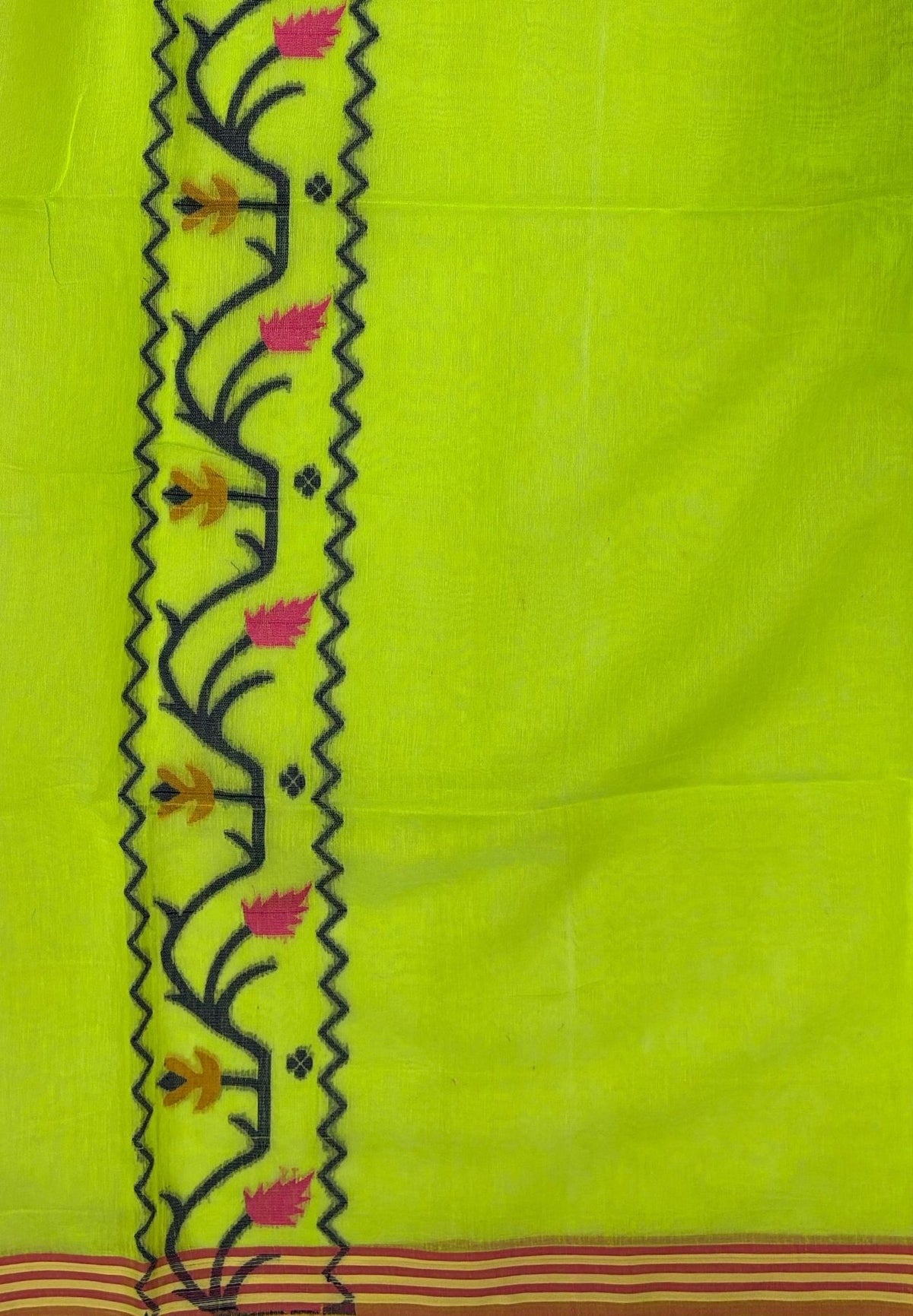 Handloom Cotton Saree-Flurcnt Green In Lotus Floral Border
