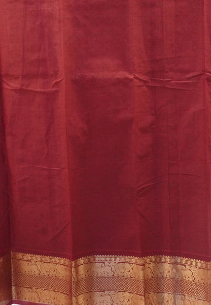 Chettinad Cotton Saree-Maroon With Elephant & Geometric Zari Border