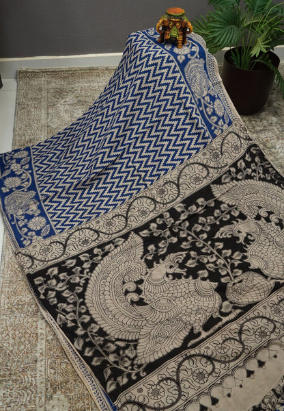 Kalamkari Cotton Saree – Blue & Ivory Heritage Print