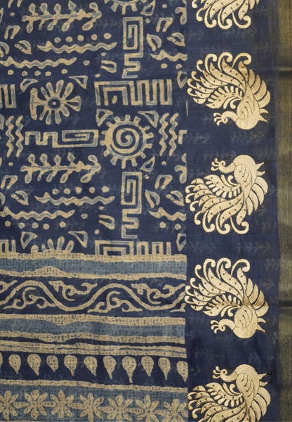 Semi Chanderi Saree-Blue with Peacock Embroidery