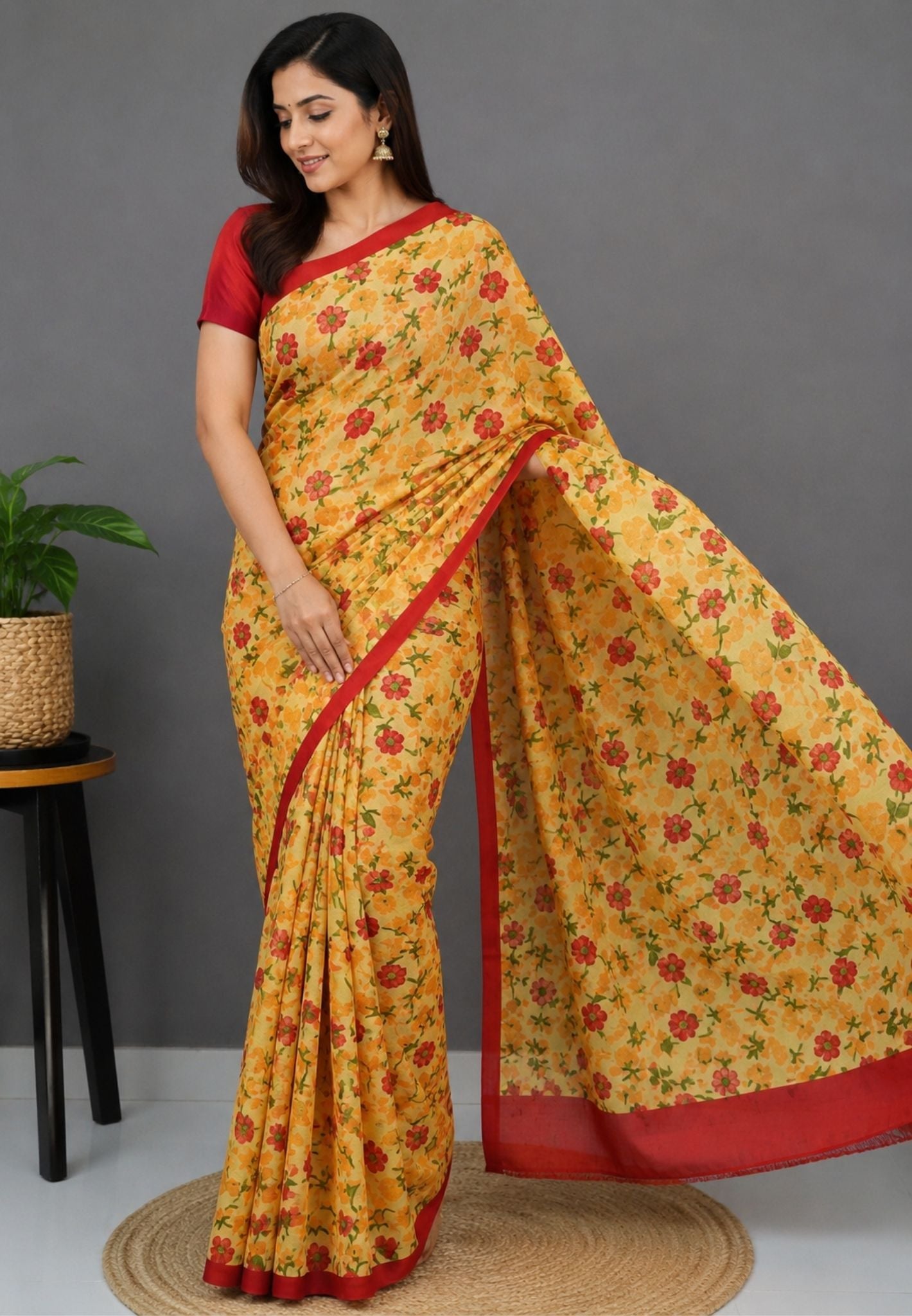Pure Tussar Saree-Yellow with Contrast in Floral Pattern