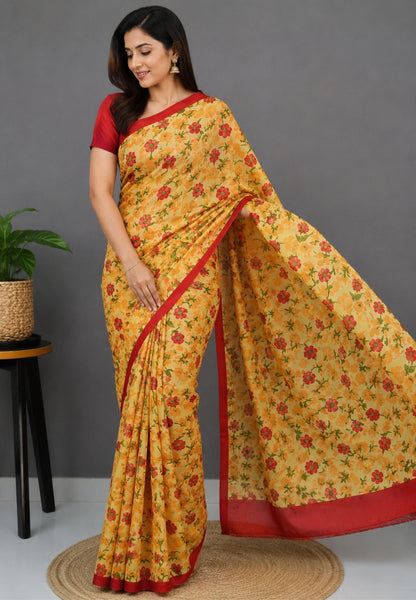 Pure Tussar Saree-Yellow with Contrast in Floral Pattern