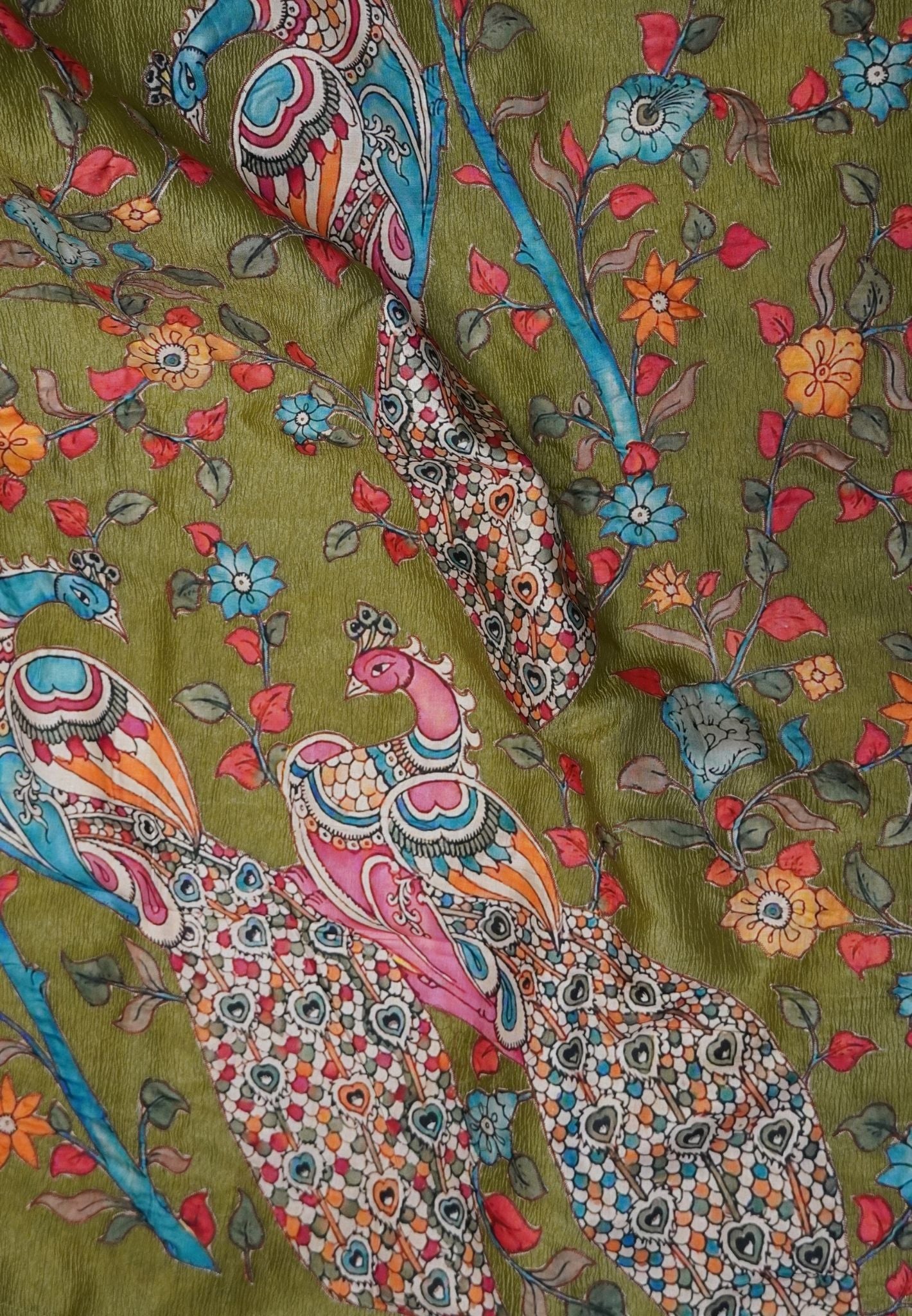 Crush Tissue Saree – Olive Green Peacock Print