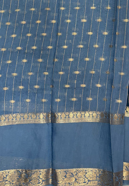 Banarasi Tussar Saree-Peacock Blue in Retpet Zari Border