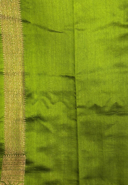 Pure Chinya Silk Saree-Olive Green In Antique Jaali Brocade Border