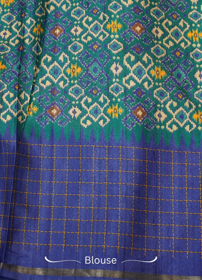 Semi Tussar Saree – Green & Blue Checks Design