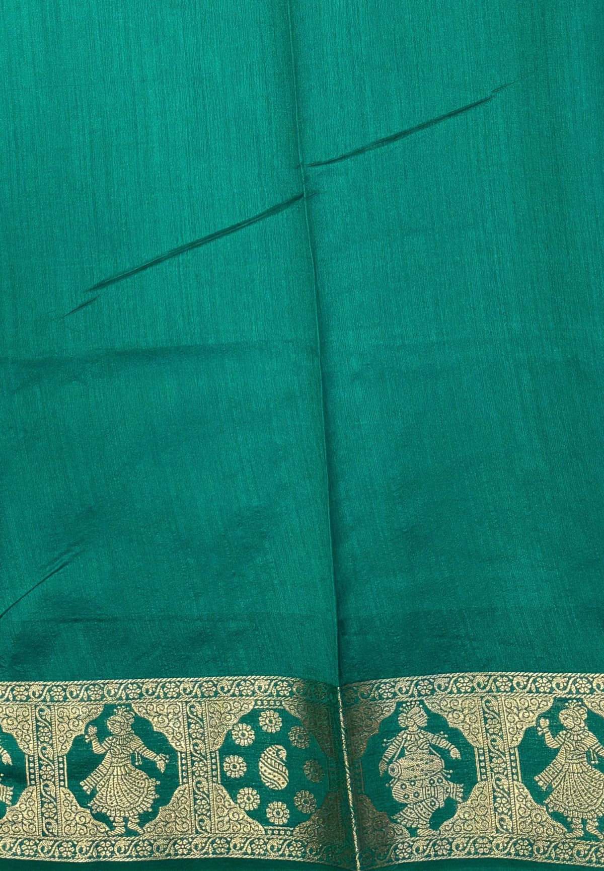 Raw Silk Saree-Teal Green In Floral Medallion Brocade Border