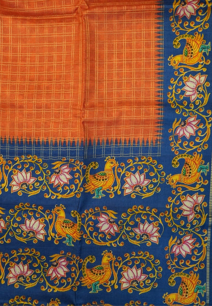 Premium Matka Tussar Saree-Red with Contrast Border in Tanjore Print