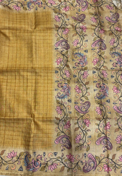 Matka Tussar Saree-Yellow with Kalamkari Border