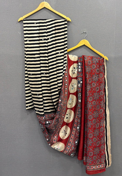 Pure Modal Silk Saree-Off White Original Mirror Work in Stripes