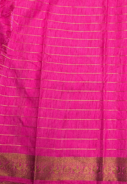 Semi Raw Silk Saree-Rani Pink in Zari Lines with Contrast Annam Border