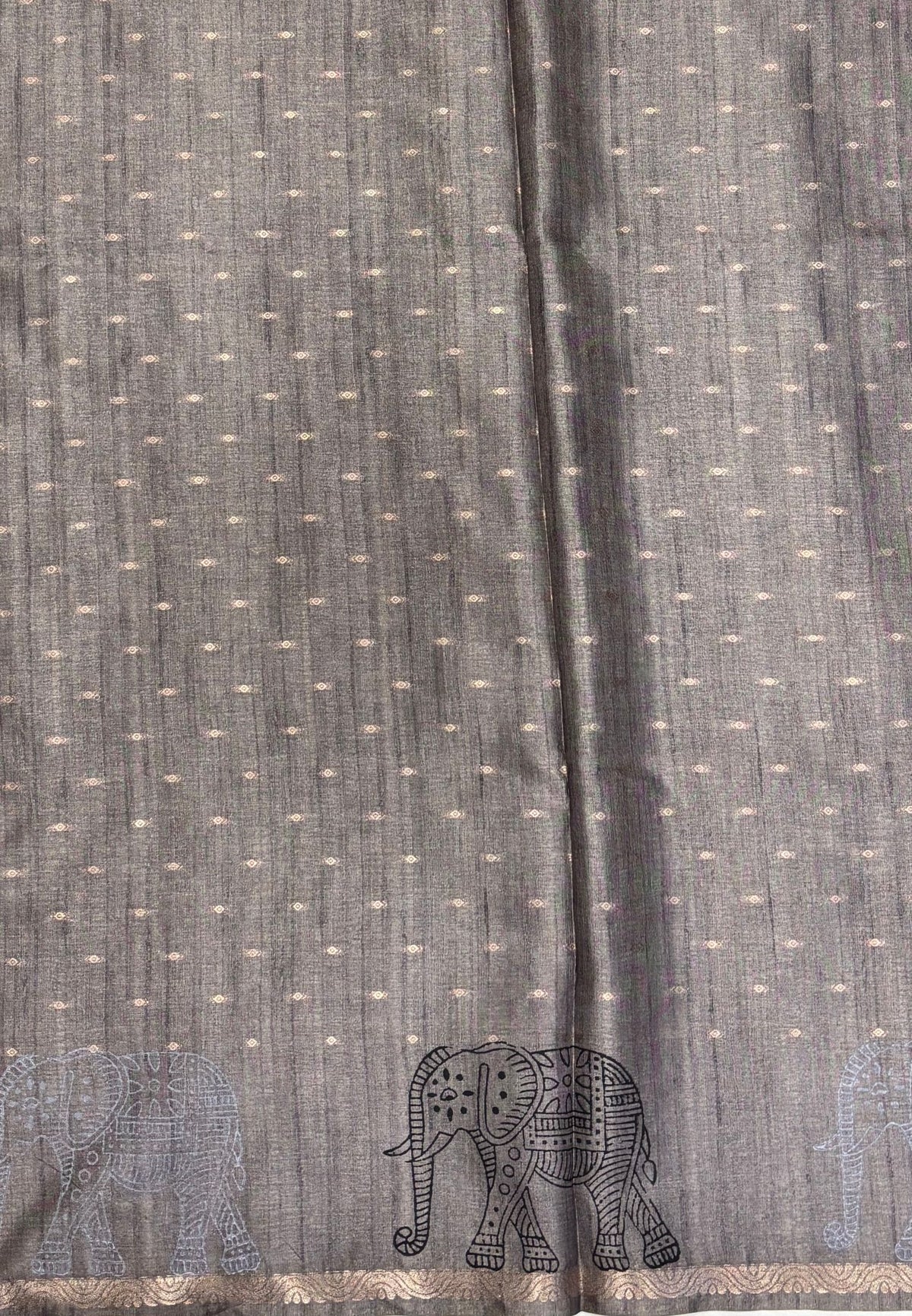 Semi Tussar Saree-Grey in Traditional Elephant Motif Zari Border