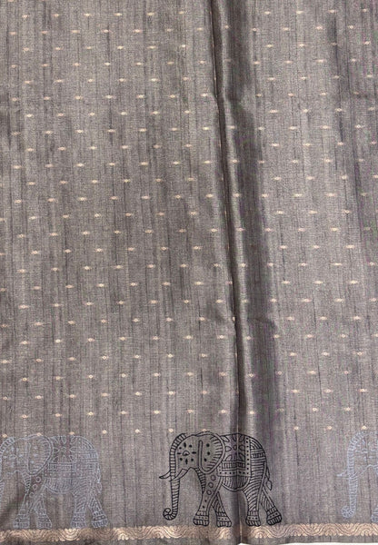 Semi Tussar Saree-Grey in Traditional Elephant Motif Zari Border
