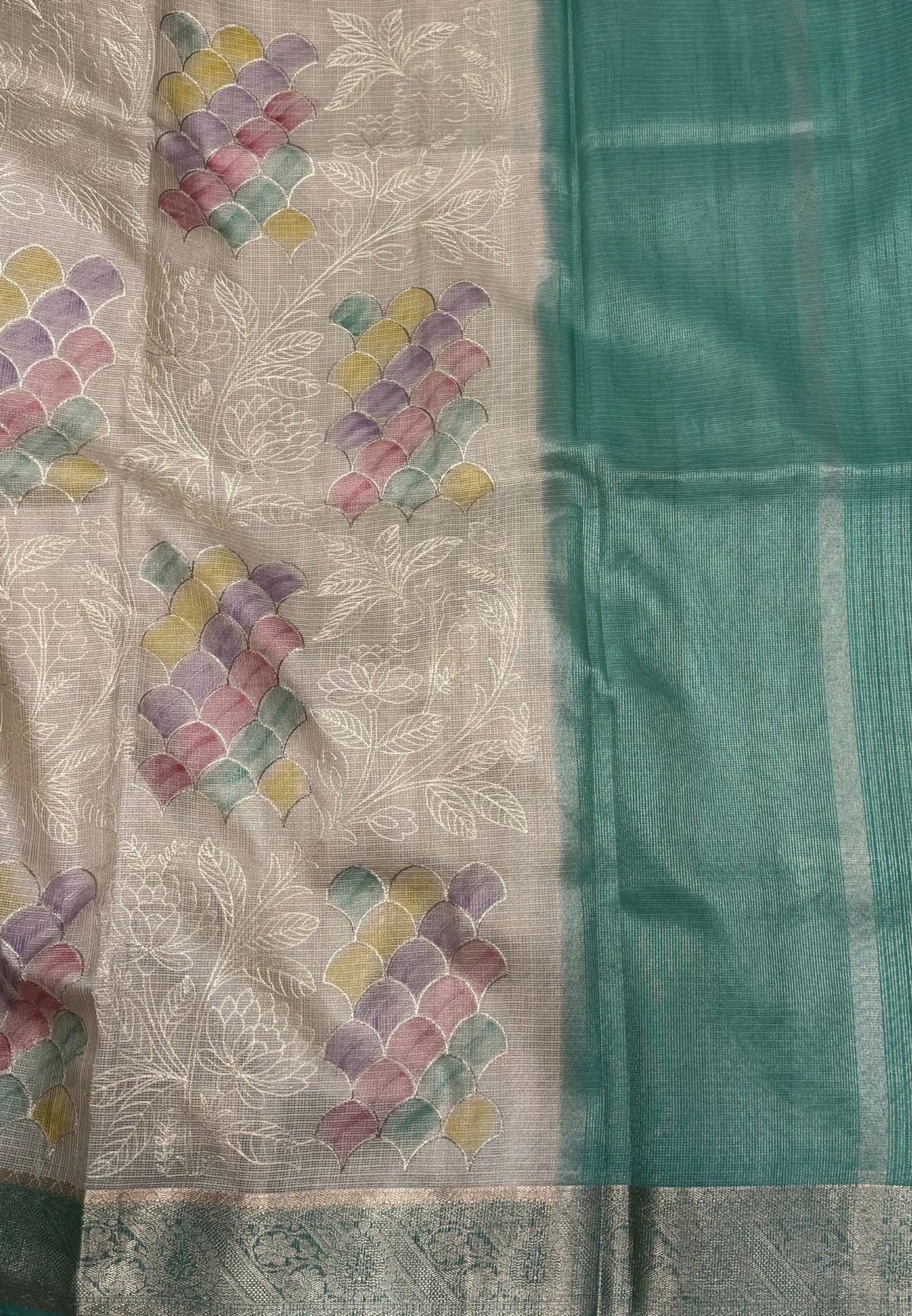 Kota Saree-Cream-Teal Green In Floral Vine Zari Border