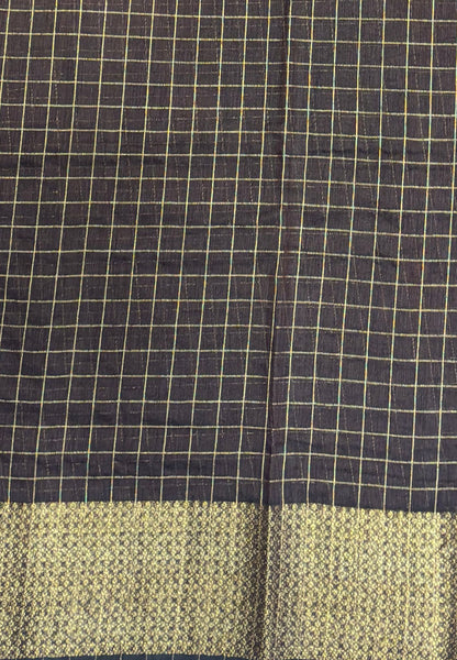Bamboo Saree-Light Brown in Mini Checked Zari Border