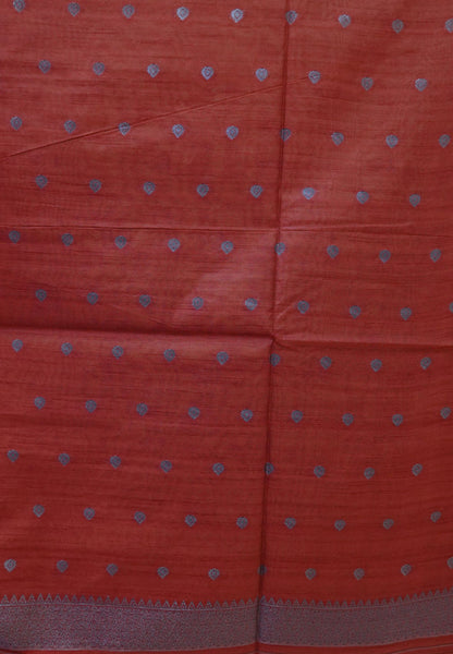 Semi Raw Silk Saree-Mustard in Antique Silver Zari Butta with Tower Border