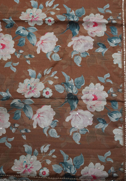 Matka Tussar Saree-Brown with Floral Pattern and Mirror Work