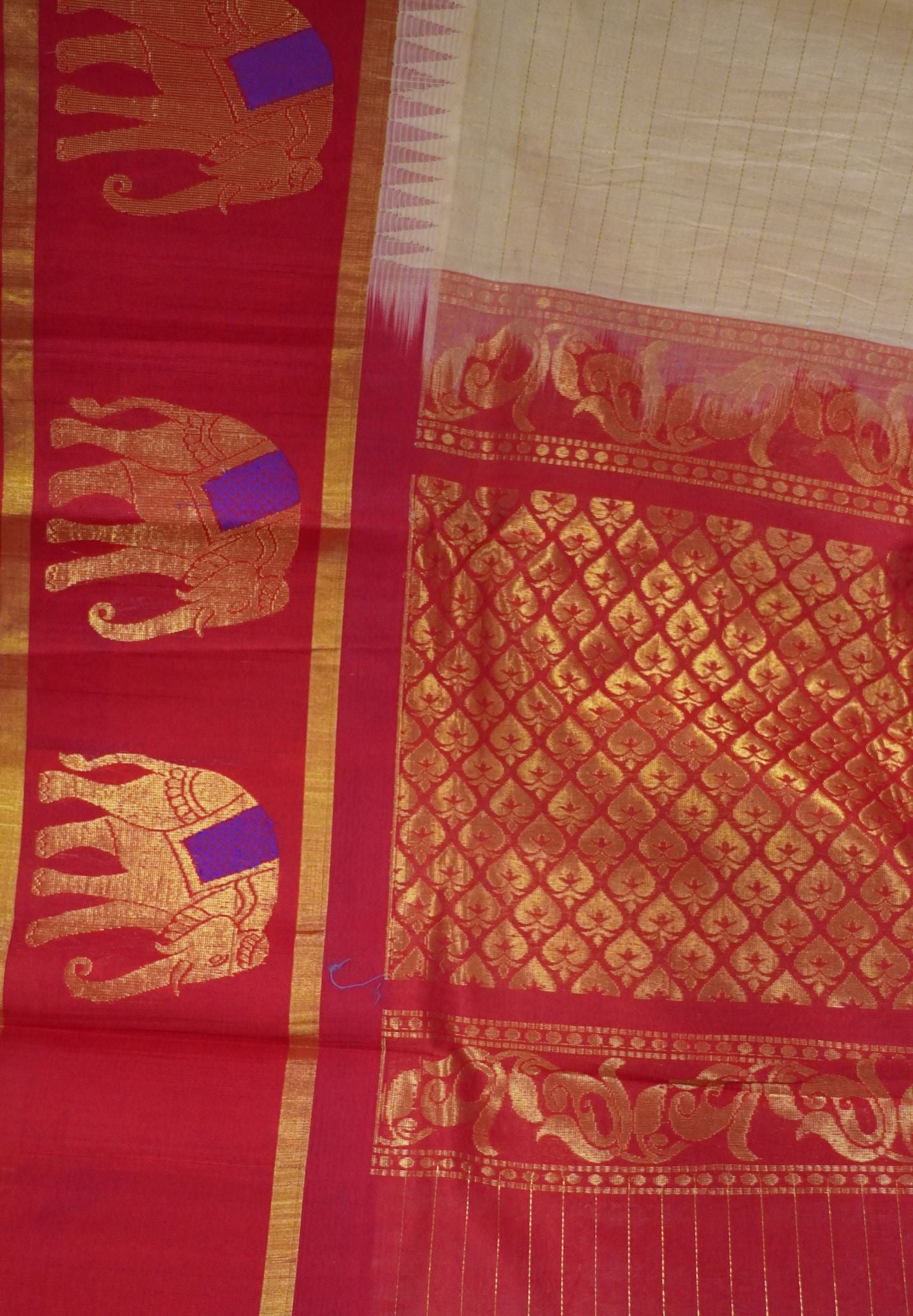 Silk Cotton Saree-Sandal with Red Elephant Zari Border