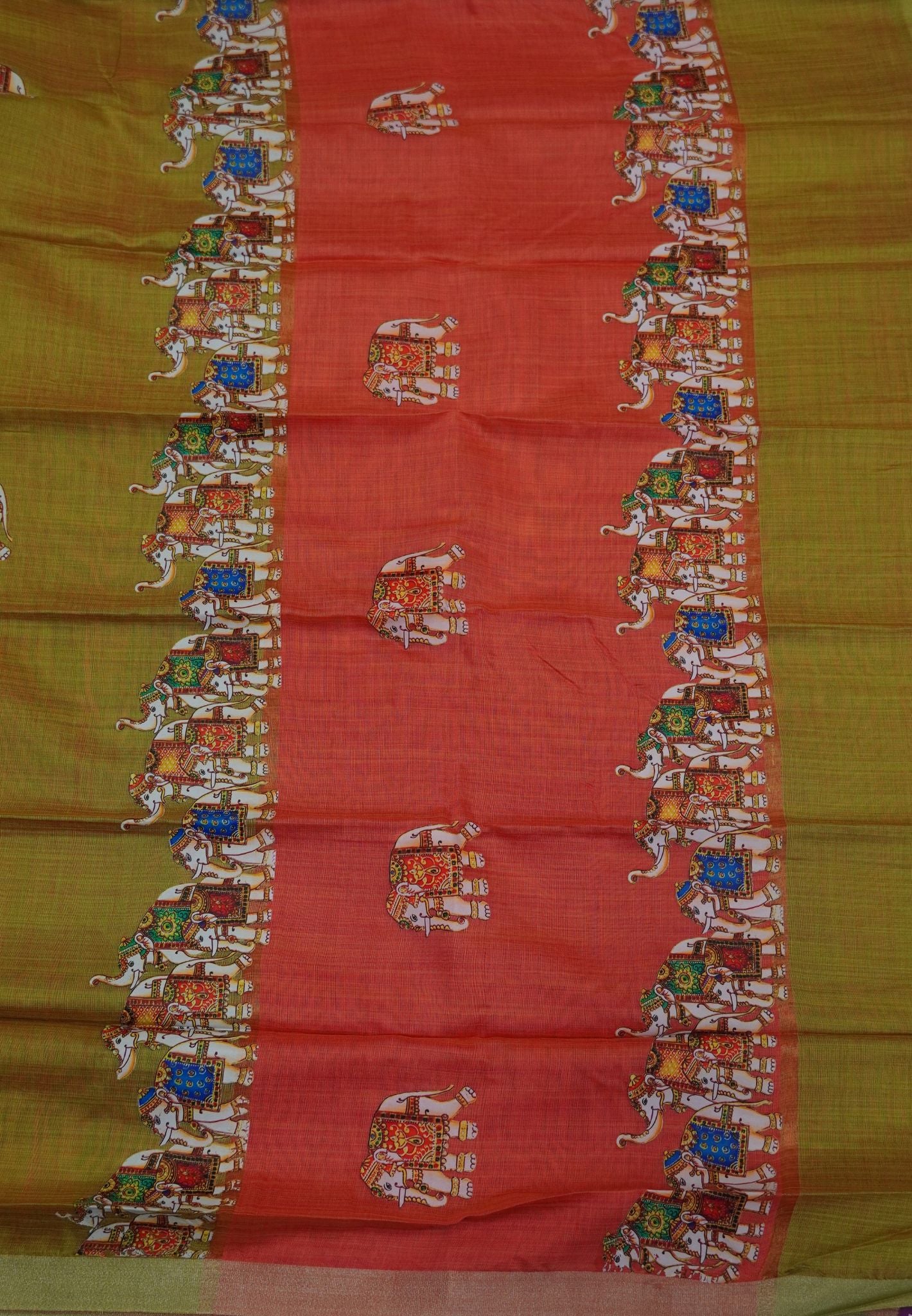 Cora Linen Saree- Olive Green with Tanjore Print