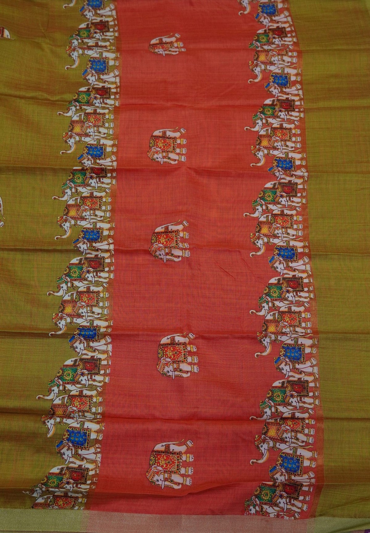 Cora Linen Saree- Olive Green with Tanjore Print