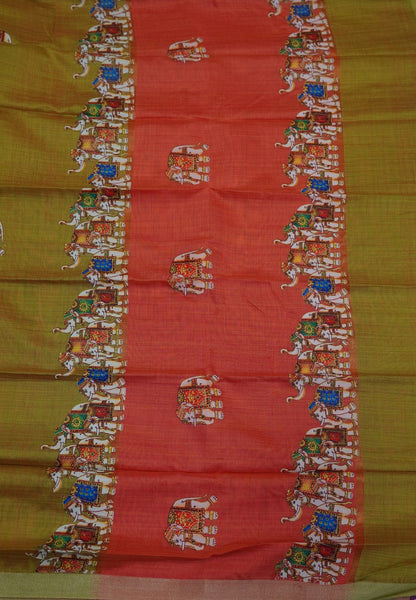 Cora Linen Saree- Olive Green with Tanjore Print