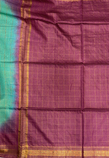 Semi Bhagalpur Tussar Saree-Teal Green in Zari checks with Contrast Border