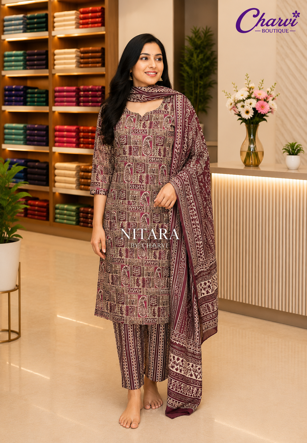 3Pc Salwar Suit with Ajrakh Print