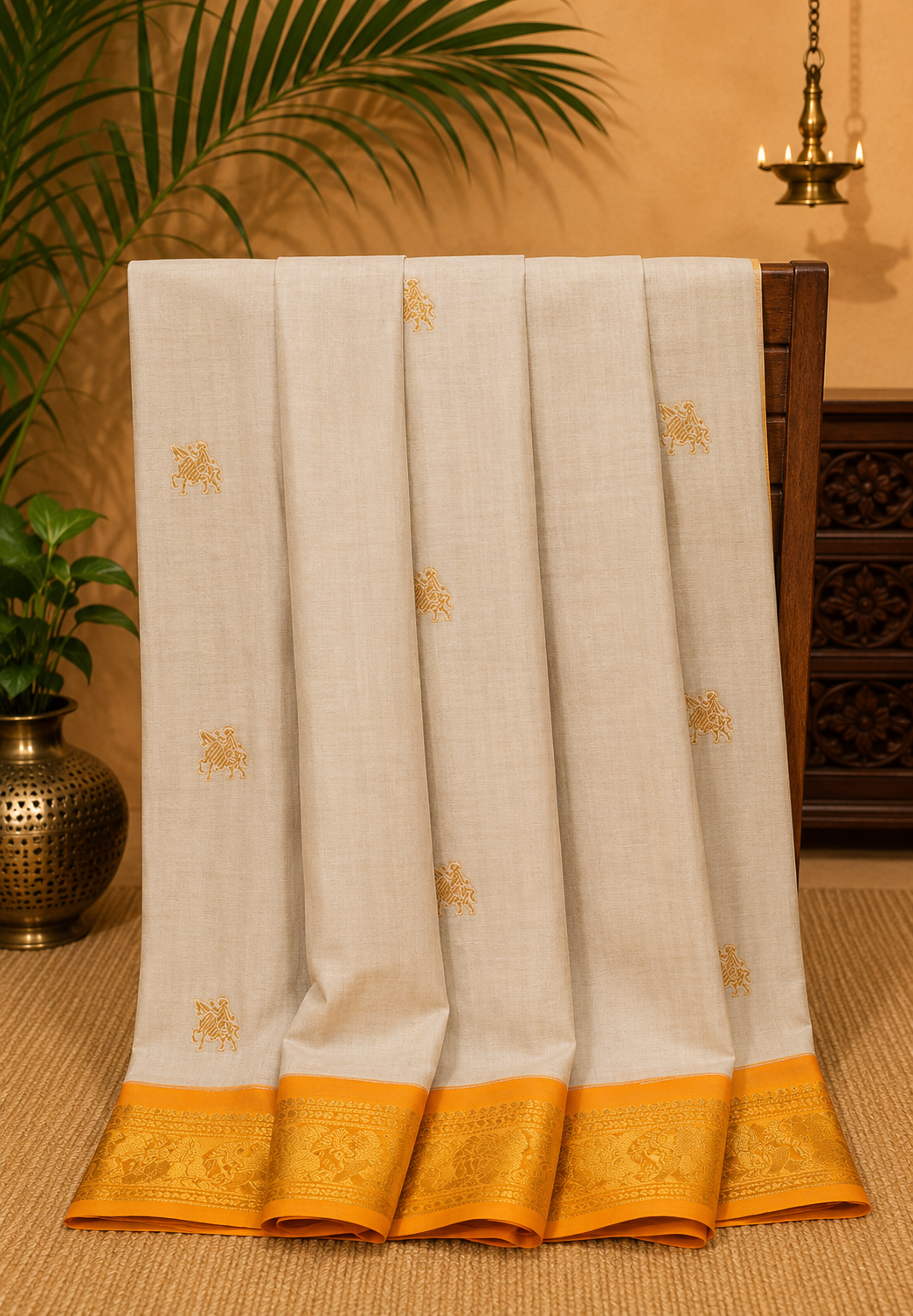 Chettinad Cotton Saree–Cream with Elephant Zari Border