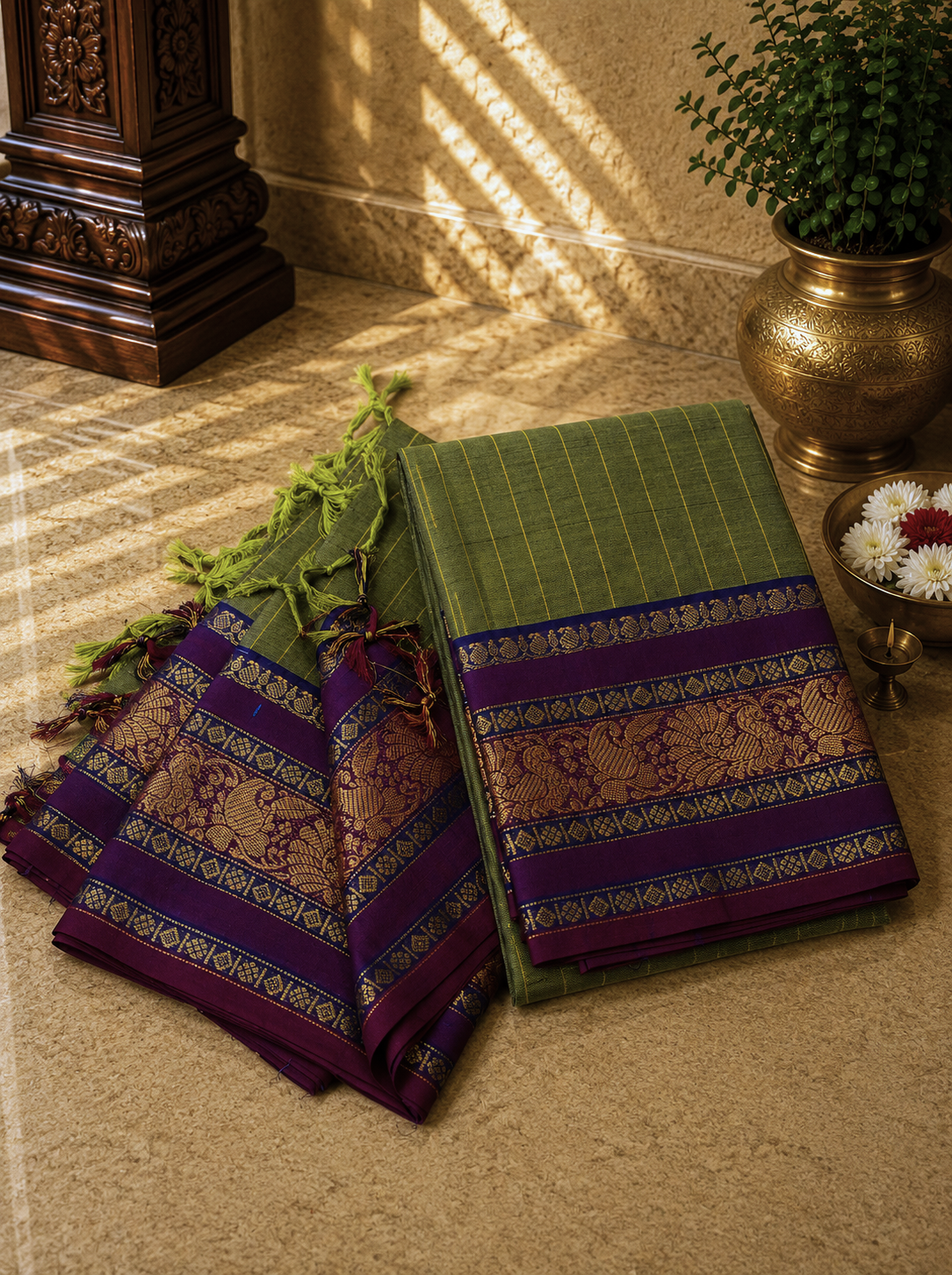 Chettinadu Cotton 2Pc Salwar Material-Light Olive Green